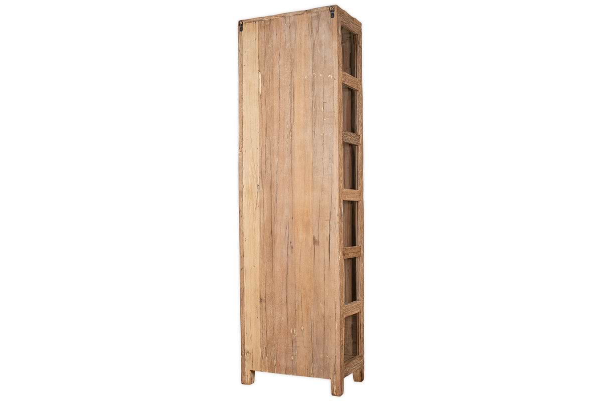 The nkuku Ibo Reclaimed Wood & Glass Cabinet - Natural - Tall features multiple shelves, a simple rustic design, and subtle antique brass handles, shown against a white background.