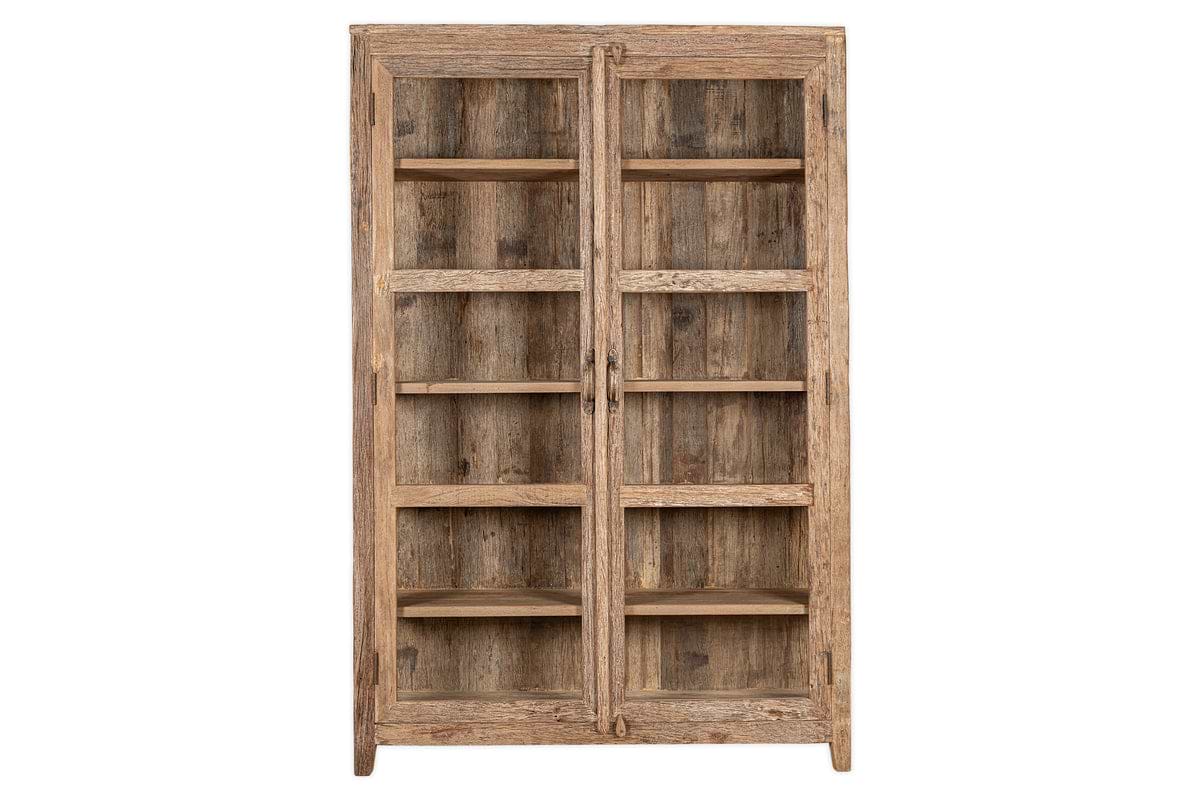 The nkuku Ibo Reclaimed Wood & Glass Cabinet - Natural - Wide features two glass-paneled doors, five inside shelves, antique brass handles, and four short legs. Crafted from weathered wood for a tall, rustic look.
