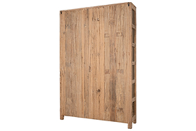 The nkuku Ibo Reclaimed Wood & Glass Cabinet - Natural - Wide is a tall, rectangular piece with a simple, sturdy design, featuring natural wood texture and glass panels. Seen from the front and side, it has a rustic look with no visible ornamentation.