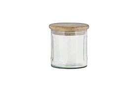 The nkuku Igoko Storage Jar - Clear features a textured glass body and a round, flat mango wood lid, making it a stylish kitchen organizer. Shown on a white background.