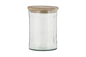 The nkuku Igoko Storage Jar - Clear features a textured glass body and a round mango wood lid, making it a stylish kitchen organizer. Shown against a plain white background.
