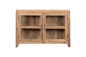 The nkuku Ibo Reclaimed Wood & Glass Sideboard - Natural features a rectangular, rustic design with two glass-paneled doors, antique brass handles, short legs, and a natural wood finish.