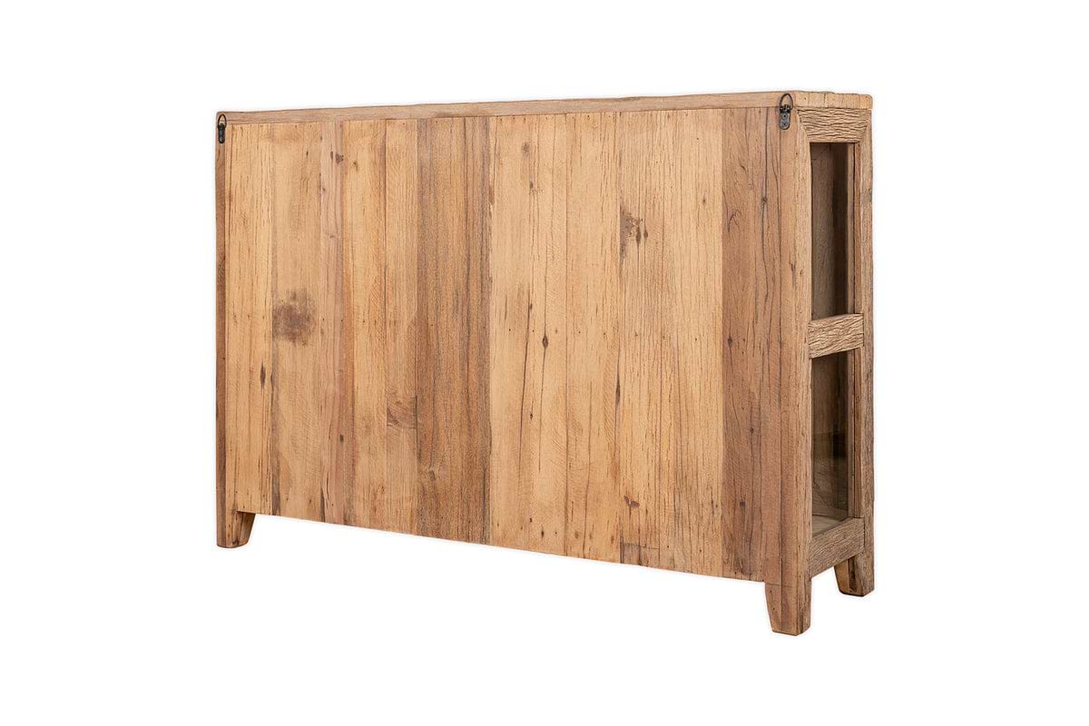 The nkuku Ibo Reclaimed Wood & Glass Sideboard in natural finish, featuring simple straight legs and a solid back panel, is photographed against a white background.