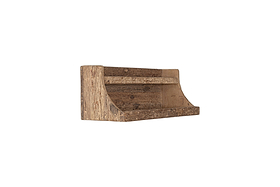 The nkuku Ibo Reclaimed Wood Storage Shelf – Natural is a small, rustic wall-mounted unit featuring weathered wood, a curved front edge, and a simple natural finish, displayed against a plain white background.