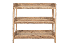 The nkuku Ibo Reclaimed Wood Pantry Standing Shelves - Natural features a three-tier open-frame design with a rustic finish, perfect as kitchen console shelving, shown from the front against a white background.