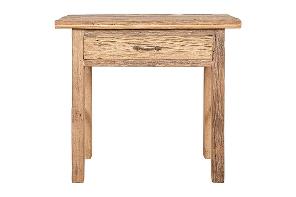 The nkuku Ibo Reclaimed Wood 1 Drawer Console Table – Natural features a simple metal handle and visible wood grain, adding rustic charm to any entryway.