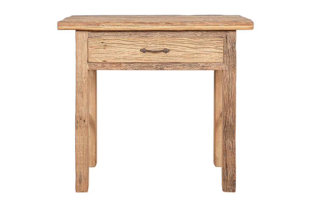 The nkuku Ibo Reclaimed Wood 1 Drawer Console Table – Natural features a simple metal handle and visible wood grain, adding rustic charm to any entryway.