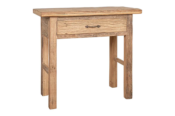 The Ibo Reclaimed Wood 1 Drawer Console Table by nkuku features a slim, rustic design with natural textured grain, a central metal-handled drawer, and is perfect for adding charm to any entryway.