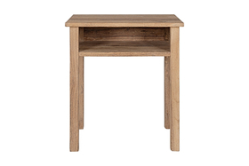 The nkuku Iya Reclaimed Wood Bedside Table - Natural features a chunky design with four straight legs and an open shelf under the tabletop, shown front-facing on a white background—ideal for any bedroom.