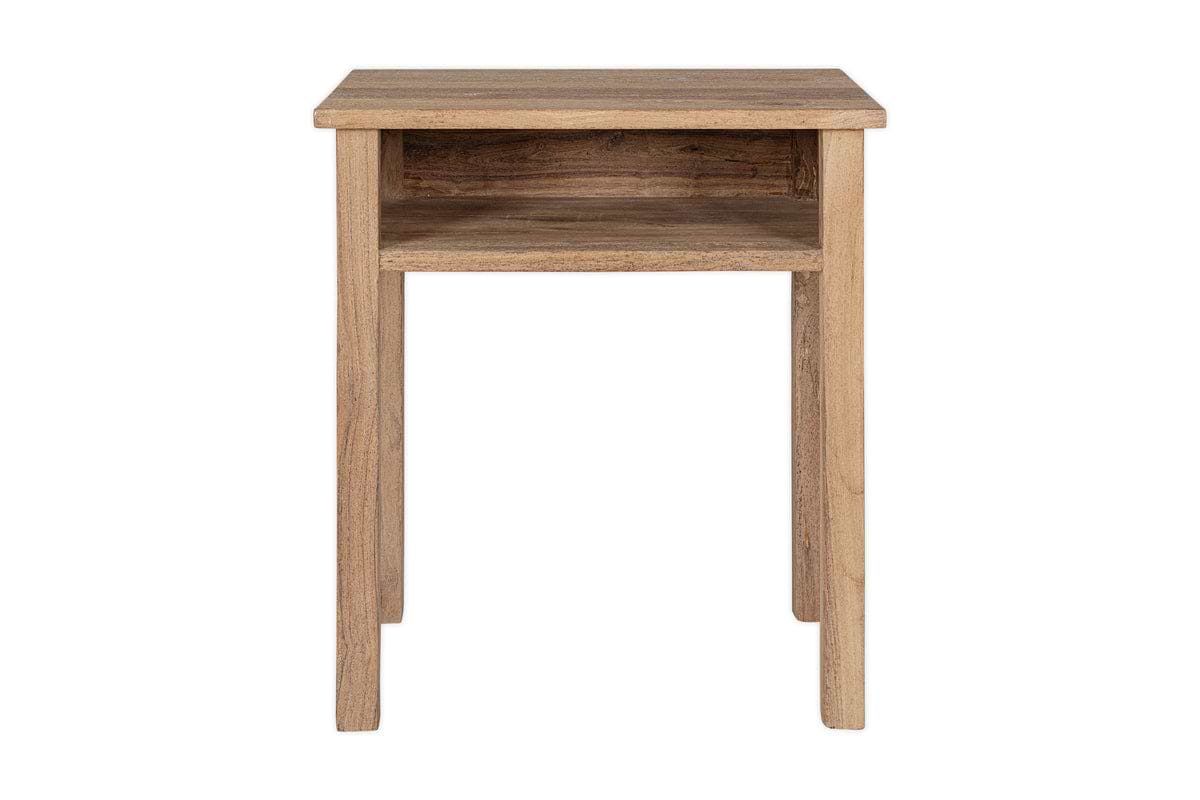 The nkuku Iya Reclaimed Wood Bedside Table - Natural features a chunky design with four straight legs and an open shelf under the tabletop, shown front-facing on a white background—ideal for any bedroom.