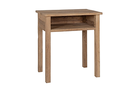 The Iya Reclaimed Wood Bedside Table by nkuku features a chunky, four-legged design in natural wood with a single open shelf beneath the tabletop, shown against a white background—ideal for any bedroom.