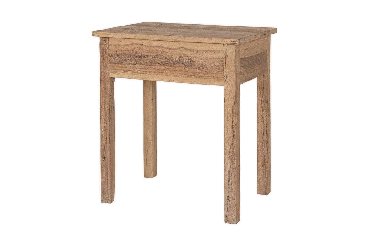 The Iya Reclaimed Wood Bedside Table by nkuku features a chunky, rectangular design with four straight legs and a natural finish, adding functional style to any bedroom. Displayed against a white background.