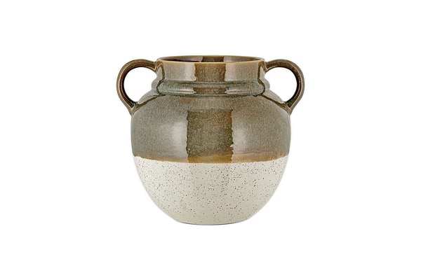 The nkuku Inha Reactive Glaze Vase features two looped handles, a rounded silhouette, glossy dark olive upper half, and matte speckled natural bottom—separated by a subtle gradient—evoking timeless Inha style.