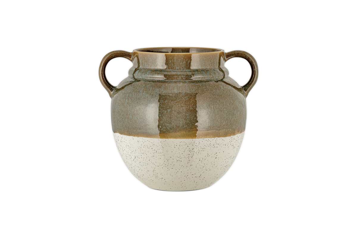The nkuku Inha Reactive Glaze Vase features two looped handles, a rounded silhouette, glossy dark olive upper half, and matte speckled natural bottom—separated by a subtle gradient—evoking timeless Inha style.