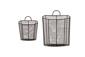 The nkuku Inkollu Wall Hung Baskets in aged brass are shown side by side against a white background, with the smaller basket to the left of the larger one. Each features a handle at the top, ideal for pantry storage. Set includes two baskets.