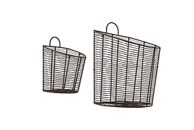 The nkuku Inkollu Wall Hung Baskets in aged brass (set of 2) feature an open grid design with angled openings and rounded top handles—ideal for pantry storage—shown against a plain white background.