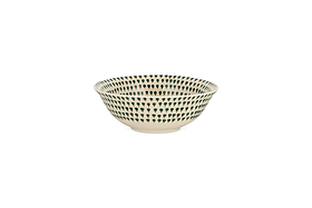 The nkuku Juniper Drop Cereal Bowl - Cream & Juniper features a flared rim and repeating green drop pattern, ideal for everyday dining. Shown centered on a white background.