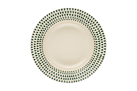 The nkuku Juniper Drop Pasta Bowl in cream and juniper features a modern ceramic design with green teardrop motifs around the rim on a white background, perfect for contemporary table settings.