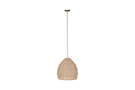 The nkuku Jahari Woven Jute Pendant in natural features a rounded jute lampshade, suspended by a thin cord and sleek metallic mount, making it ideal for adding rustic charm to your decor against a white background.