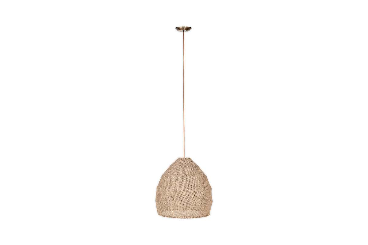 The nkuku Jahari Woven Jute Pendant in natural features a rounded jute lampshade, suspended by a thin cord and sleek metallic mount, making it ideal for adding rustic charm to your decor against a white background.