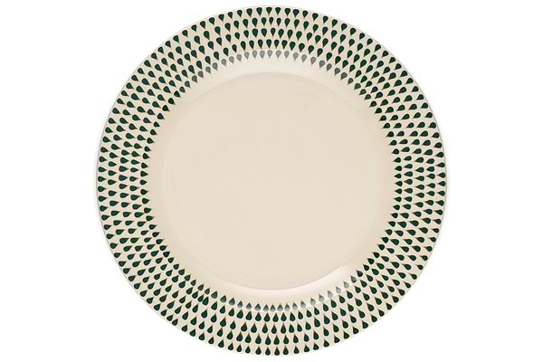 The Juniper Drop Dinner Plate by nkuku features a cream ceramic design with a decorative green drop pattern around the rim, shown from above on a white background.
