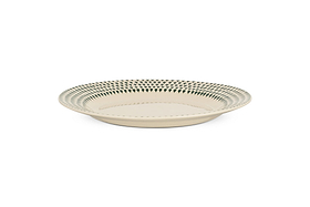 The Juniper Drop Dinner Plate - Cream & Juniper by nkuku features a round, cream ceramic design with a blue geometric rim, showcasing modern tableware style against a white background.