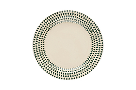 The nkuku Juniper Drop Side Plate in cream & juniper features a round ceramic form with a green teardrop border design, ideal for contemporary dining and modern table settings.