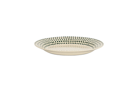 The nkuku Juniper Drop Side Plate in Cream & Juniper features a shallow, round ceramic design with a cream base and evenly spaced dark green dots around the rim, shown on a plain white background.