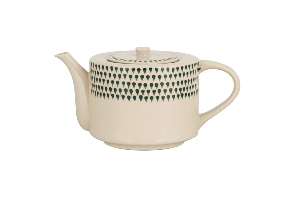 The nkuku Juniper Drop 4 Person Teapot in Cream & Juniper features a curved spout and handle, hand-painted green teardrop details, and a matching lid—a delightful gift for tea lovers.