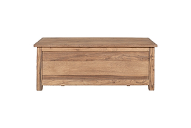 The Karadi Reclaimed Wood Storage Bench - Natural by nkuku features a smooth, flat lid and natural wood grain, shown against a plain white background.