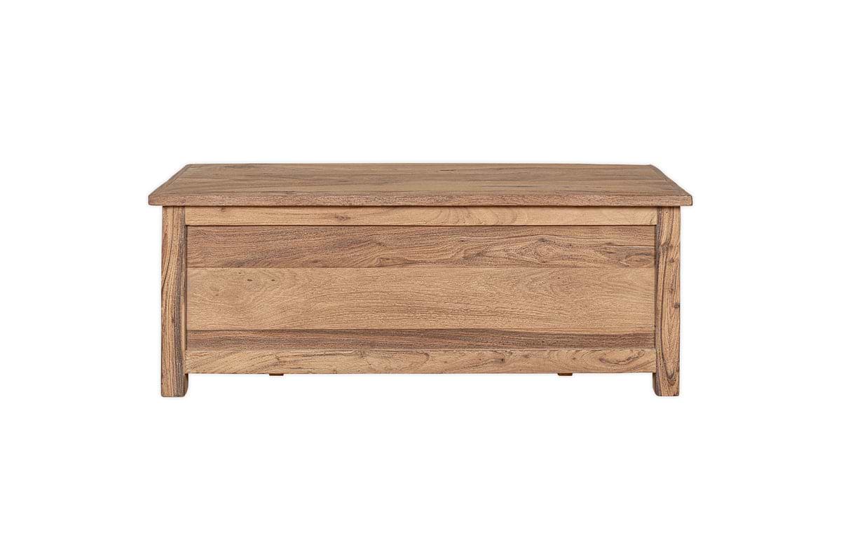 The Karadi Reclaimed Wood Storage Bench - Natural by nkuku features a smooth, flat lid and natural wood grain, shown against a plain white background.