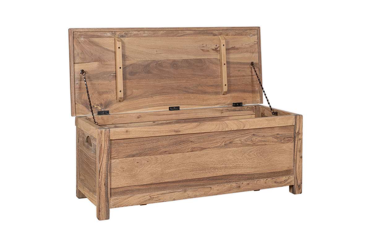 The Karadi Reclaimed Wood Storage Bench by nkuku features a natural finish, hinged lid revealing the interior, and side handles for easy carrying.