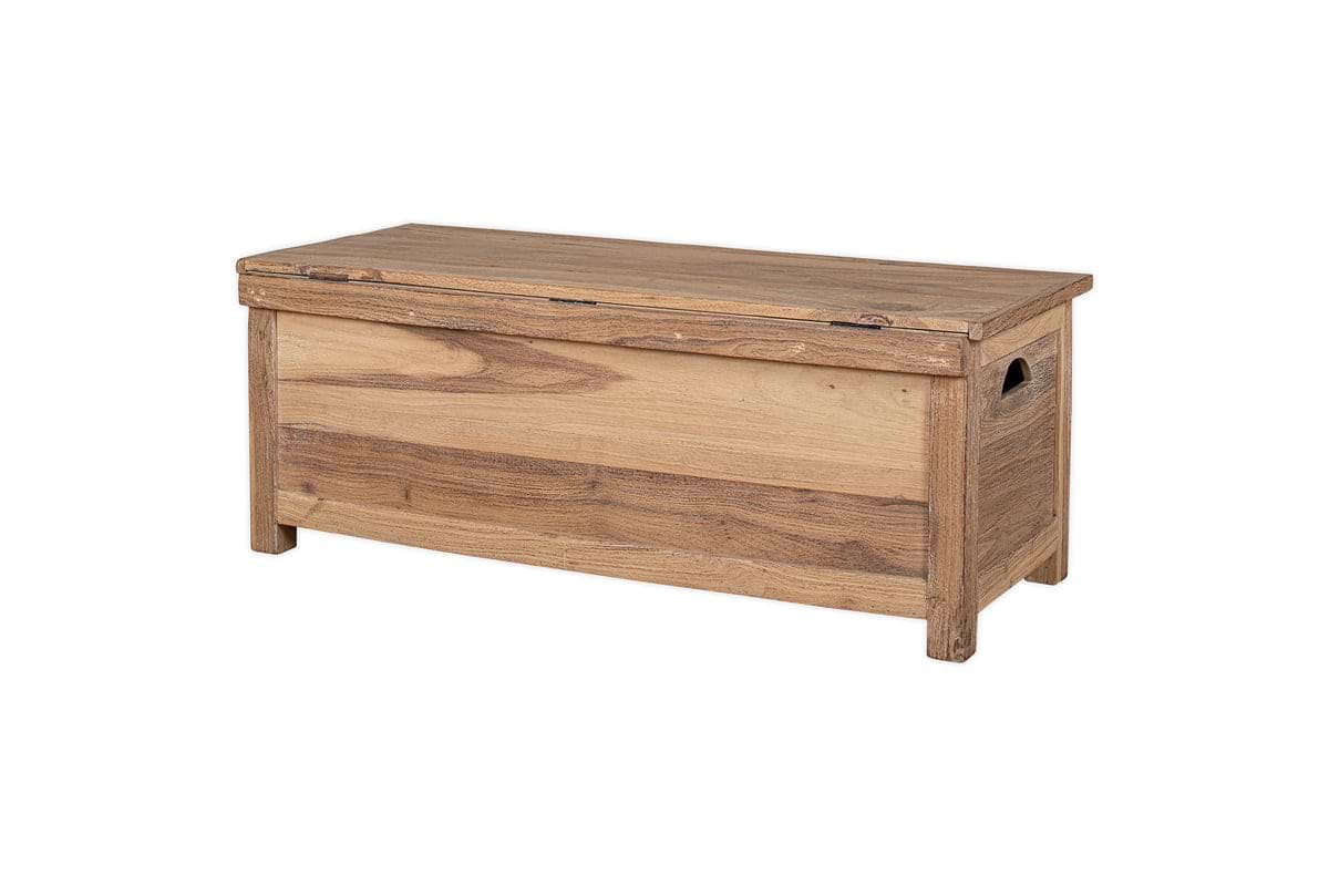 The Karadi Reclaimed Wood Storage Bench by nkuku features a rectangular shape, hinged lid, and cut-out side handles. Crafted from natural reclaimed wood, its shown against a white background.