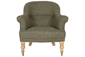The nkuku Kiana Cotton Armchair - Moss features a green tub shape with curved arms, a rounded backrest, and hand-carved mango wood legs—two with brass casters. Upholstered in cotton for comfort, its shown against a white background.