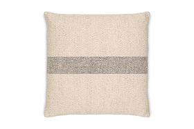 The nkuku Kallu Wool & Cotton Cushion Cover - Natural is a square beige cushion cover with textured fabric and a blue-grey horizontal center stripe, shown on a white background.