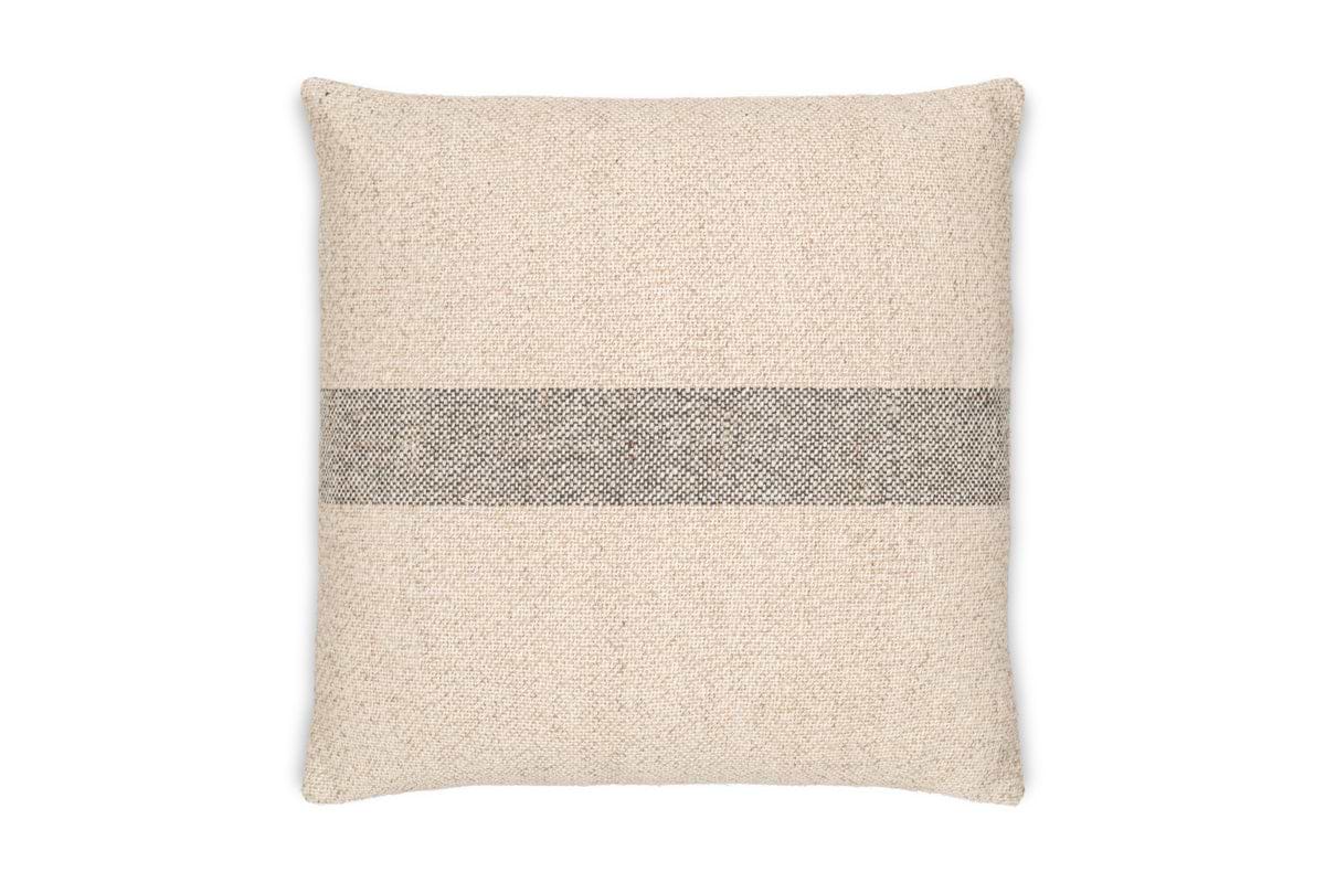 The nkuku Kallu Wool & Cotton Cushion Cover - Natural is a square beige cushion cover with textured fabric and a blue-grey horizontal center stripe, shown on a white background.