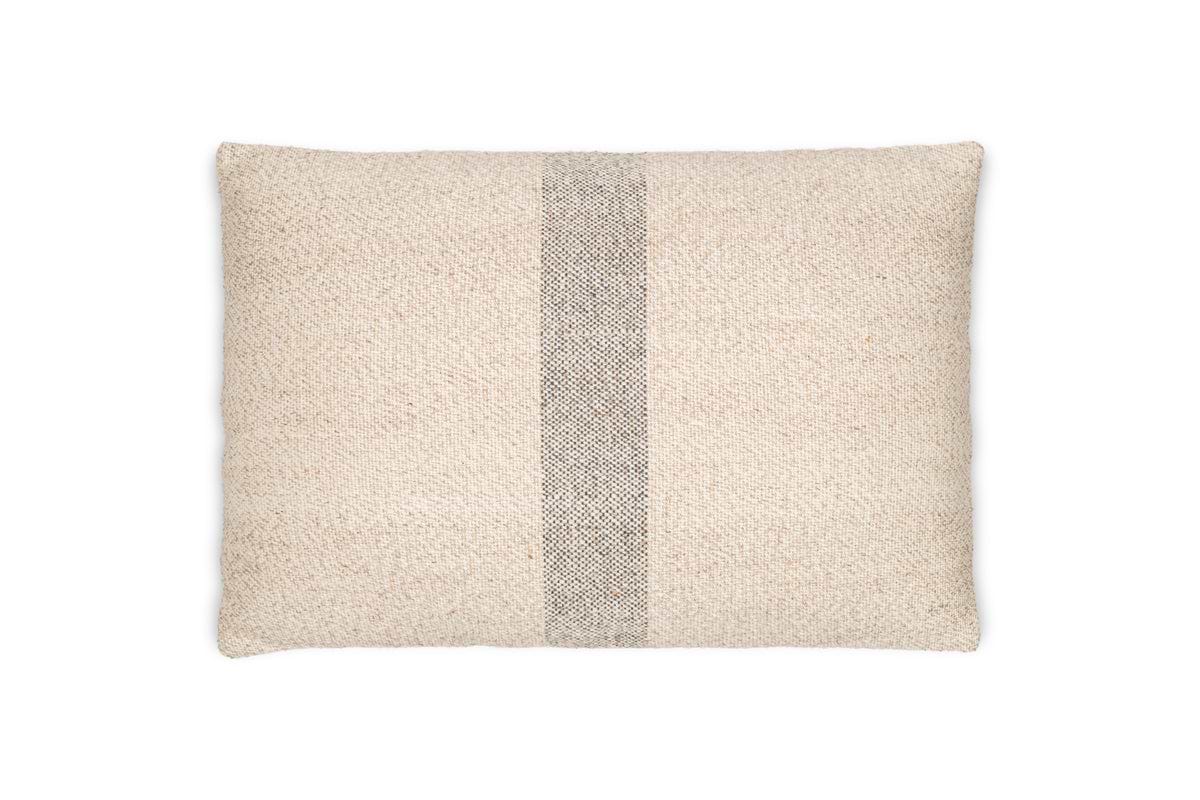 The Kallu Wool & Cotton Cushion Cover - Natural by nkuku features a white base with a sleek black stripe, adding a neutral touch to your space.