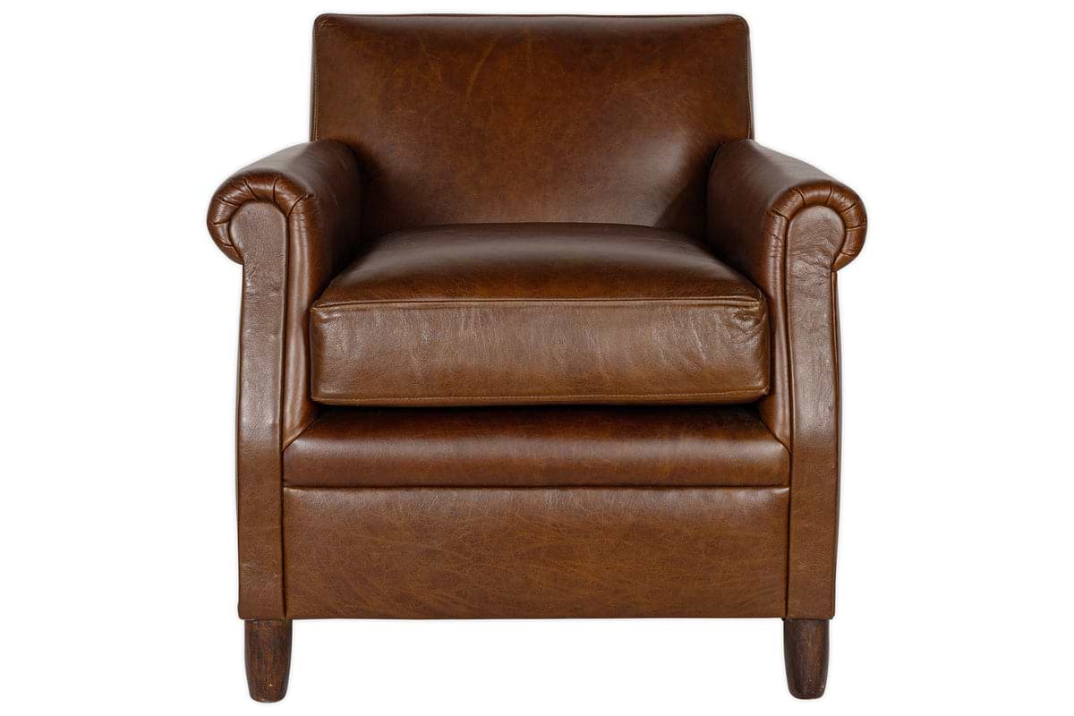 The Knada Leather Armchair by nkuku features chocolate brown buffalo leather, rolled arms, and walnut-stained feet, shown from the front against a white background.