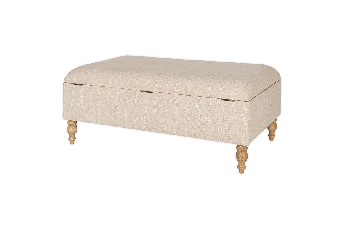 The Kiana Upholstered Storage Ottoman - Natural by nkuku features a beige fabric, hinged lid, and four light wooden legs, blending style and function for your living space. Shown against a white background.