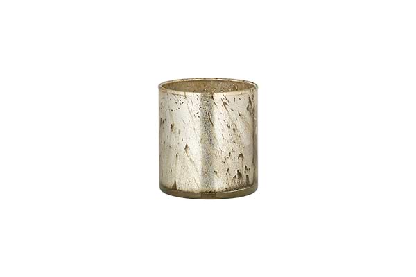 The Kunjari Tealight Holder by nkuku features a small, cylindrical metallic design with a rustic gold-speckled finish, perfect for tealights and adding vintage charm. Shown here against a plain white background.