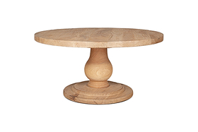 The nkuku Laya Round Carved Coffee Table - Natural features a sculptural wooden form and thick base, showcasing natural wood grain and a raw wood finish, displayed on a white background.