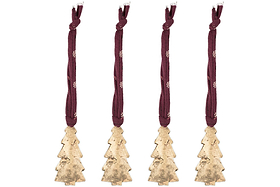 The nkuku Mishti Tree Baubles - Antique Brass - Small (Set of 4) feature gold-colored iron ornaments in tree shapes, each hanging from a burgundy ribbon with white snowflakes and finished in antique brass. Perfect for festive decorating.