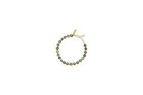 The Marai Bracelet - Labradorite by nkuku features round greenish-brown labradorite beads, a gold clasp, and an adjustable chain. This elegant piece is perfect for jewellery lovers and is presented on a plain white background.