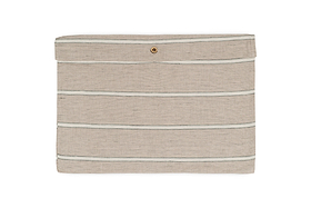 The Mora Hemp & Cotton Duvet Cover by nkuku, shown in stone grey, features horizontal black stripes and a flap closure with a single gold snap button, displayed against a white background.