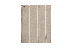 The nkuku Mora Hemp & Cotton Duvet Cover in stone grey is shown folded with vertical white stripes and two brown buttons near the top edge, displayed on a white background.