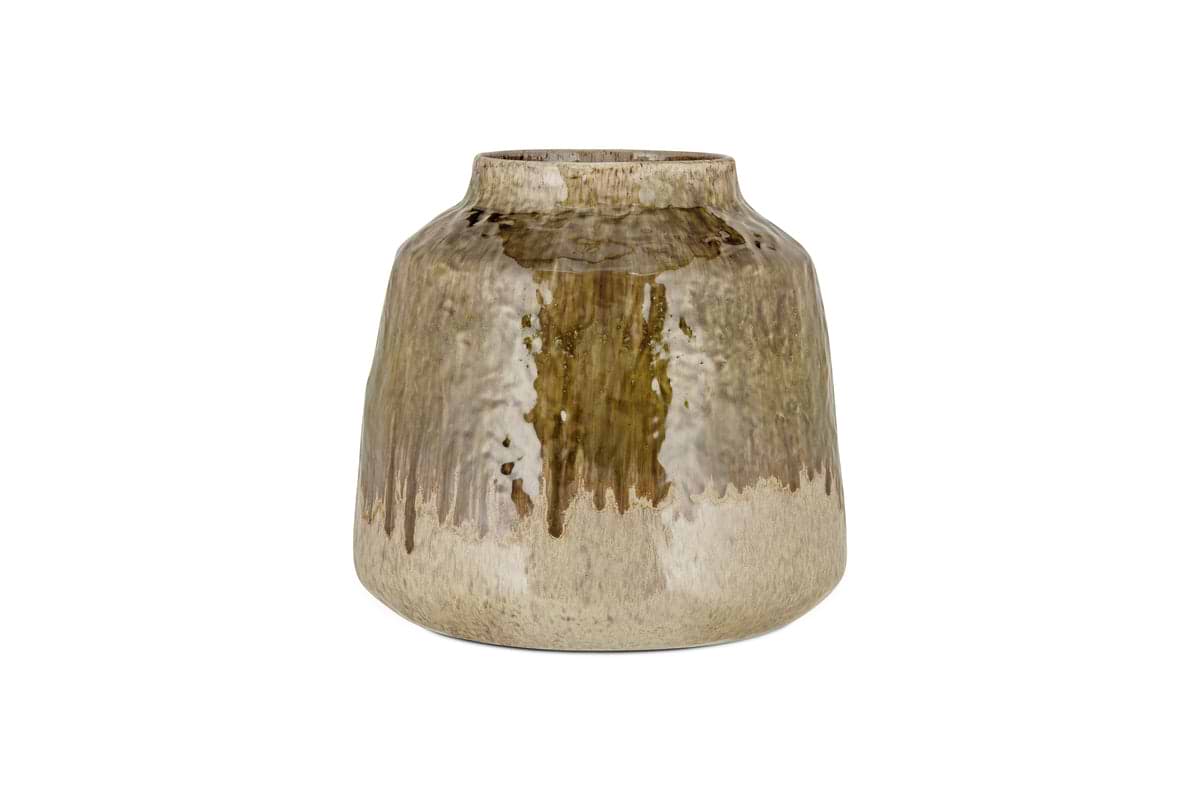 The Melina Reactive Glaze Vase by nkuku features a wide body, narrow opening, and glossy finish. Its olive and natural tones blend in organic dripped patterns, giving it a rustic charm. Displayed against a plain white background.