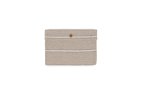 A beige fabric pouch with thin stripes, a flap closure, and a central brown button pairs beautifully with the nkuku Mora Hemp & Cotton Housewife Pillowcases in Stone Grey. Perfect for neutral decor, its displayed against a white background.