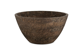 The nkuku Nyati Wooden Serving Bowl in large, dark brown features sustainable wood and a textured finish, beautifully showcased against a plain white background.