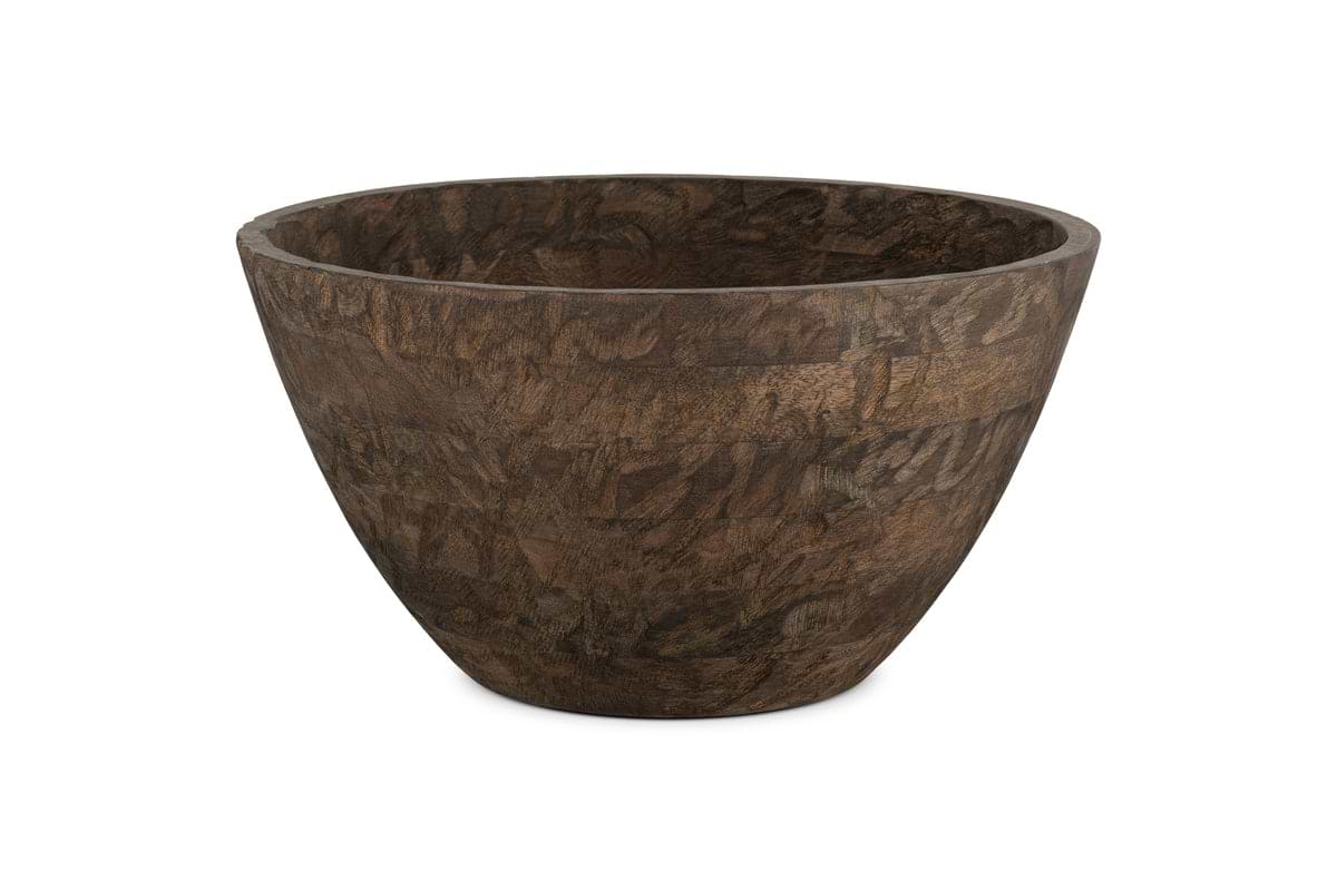 The nkuku Nyati Wooden Serving Bowl in large, dark brown features sustainable wood and a textured finish, beautifully showcased against a plain white background.