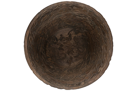 The nkuku Nyati Wooden Serving Bowl—Large, Dark Brown—features a round mango wood design with a textured, hand-carved interior and stylish woven pattern around the sides. Beautifully handcrafted from sustainable wood.